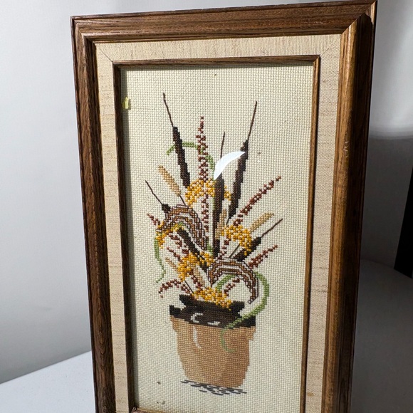Other - Framed Cross Stitch Floral Bouquet in Earth Tones
